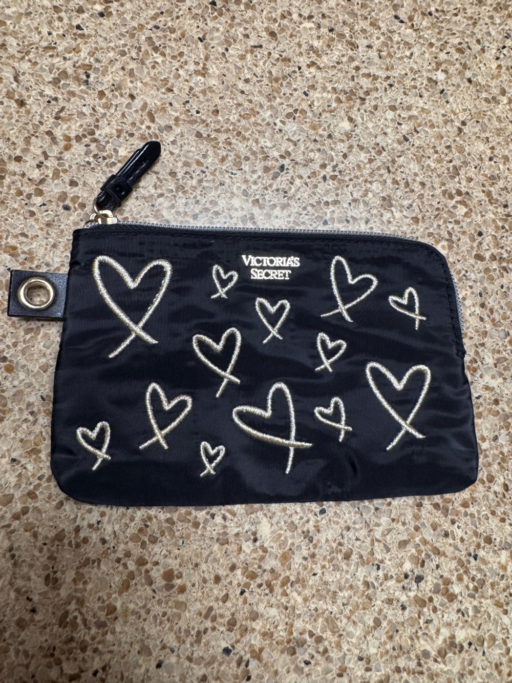 Victoria's Secret Black Pouch with Cream Heart Embroidery